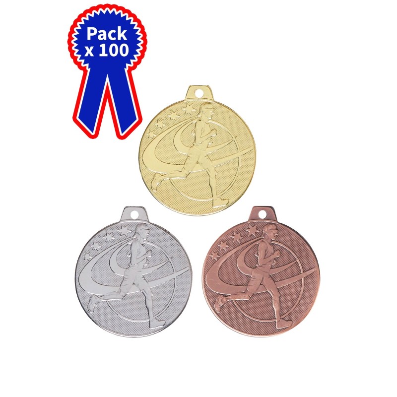Lot de  100 Médailles Course à pied en promotion Ø 32mm - Finition or-argent-bronze