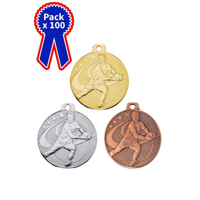 Lot de 50 Médailles Rugby en promotion Ø 50mm - Finition or-argent-bronze