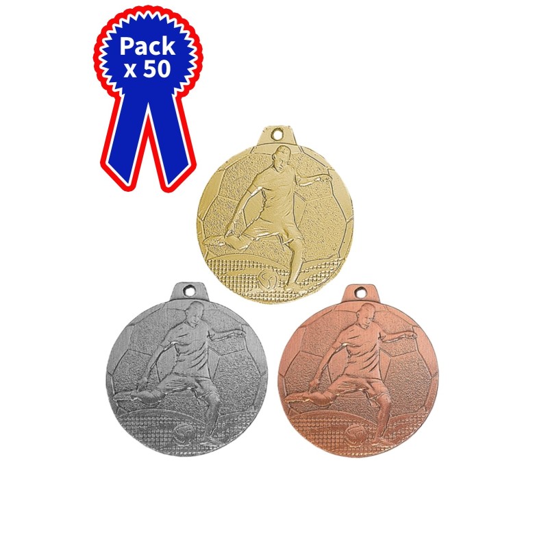 50 Médailles Football en promotion Ø 50mm - Finition or-argent-bronze