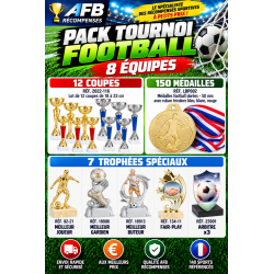PACK ECO TOURNOI FOOTBALL 8 ÉQUIPES – 12 COUPES + 150 MÉDAILLES + 7 TROPHÉES SPÉCIAUX