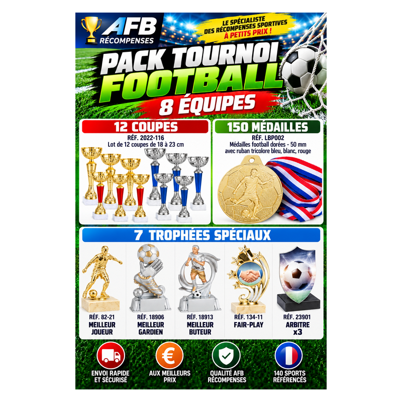 PACK ECO TOURNOI FOOTBALL 8 ÉQUIPES – 12 COUPES + 150 MÉDAILLES + 7 TROPHÉES SPÉCIAUX