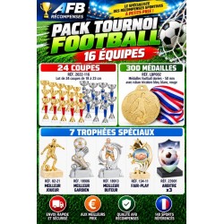 PACK ECO TOURNOI FOOTBALL 16 ÉQUIPES – 24 COUPES + 300 MÉDAILLES + 7 TROPHÉES SPÉCIAUX