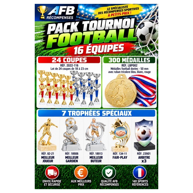 PACK ECO TOURNOI FOOTBALL 16 ÉQUIPES – 24 COUPES + 300 MÉDAILLES + 7 TROPHÉES SPÉCIAUX