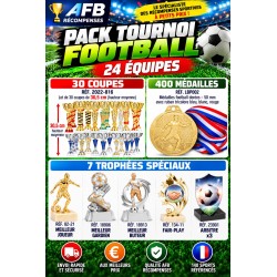 PACK ECO TOURNOI FOOTBALL 24 ÉQUIPES – 30 COUPES + 400 MÉDAILLES + 7 TROPHÉES SPÉCIAUX