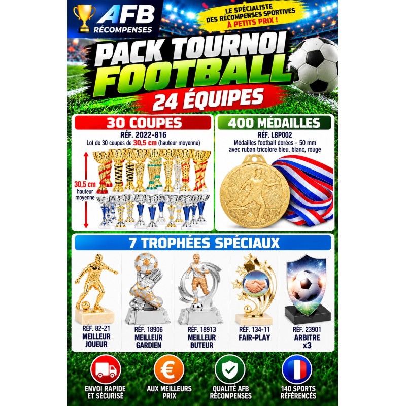 PACK ECO TOURNOI FOOTBALL 24 ÉQUIPES – 30 COUPES + 400 MÉDAILLES + 7 TROPHÉES SPÉCIAUX