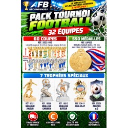 PACK ECO TOURNOI FOOTBALL 32 ÉQUIPES – 60 COUPES + 550 MÉDAILLES + 7 TROPHÉES SPÉCIAUX