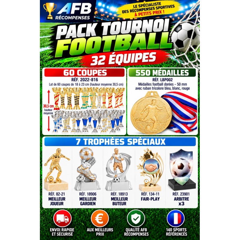 PACK ECO TOURNOI FOOTBALL 32 ÉQUIPES – 60 COUPES + 550 MÉDAILLES + 7 TROPHÉES SPÉCIAUX